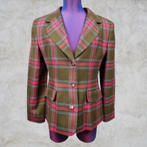 Vintage Gap Womens 100% Worsted Wool Plaid Blazer Jacket Olive Pink Size 6 F43